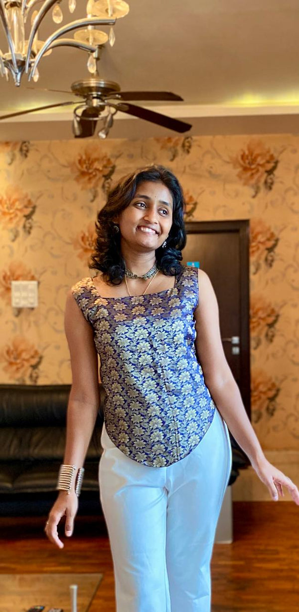 Indigo Bloom Brocade Corset Sleeve less Top.