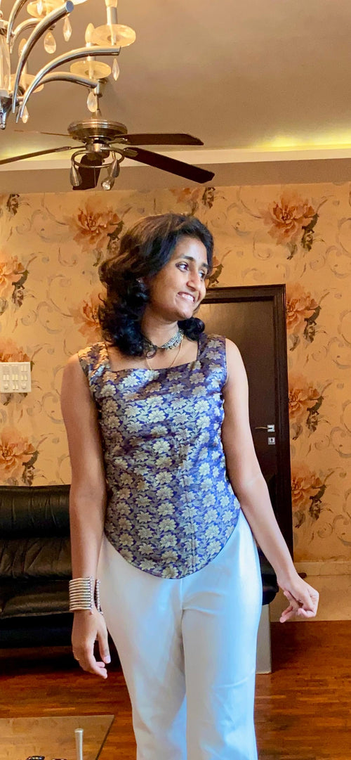 Indigo Bloom Brocade Corset Sleeve less Top.