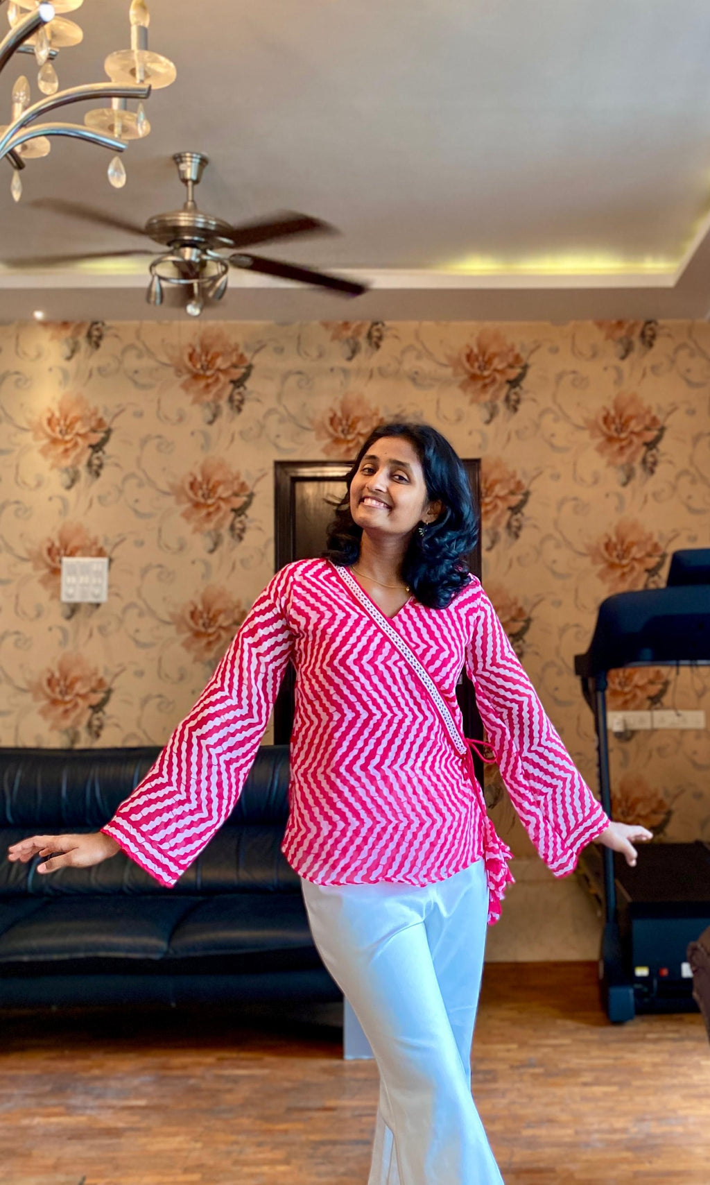 Pink & White georgette Zigzag Wrap Top – Bell Sleeves.