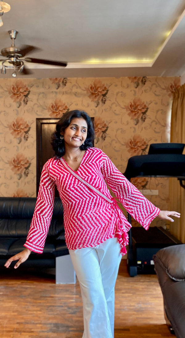 Pink & White georgette Zigzag Wrap Top – Bell Sleeves.