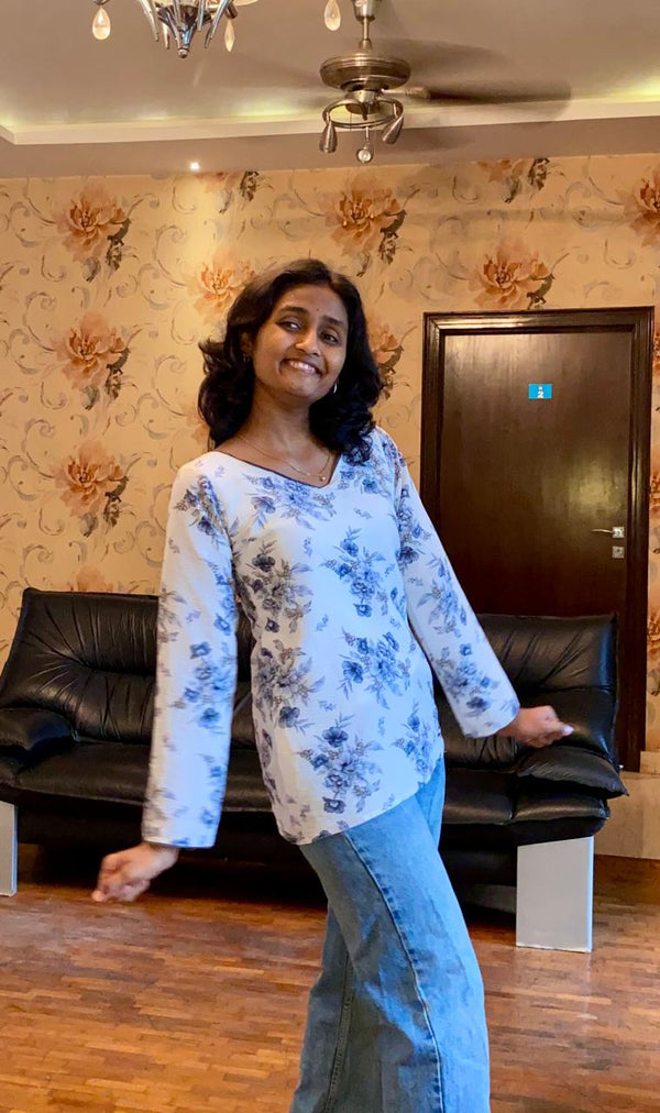 Floral Printed Crape  Top – White & Blue.