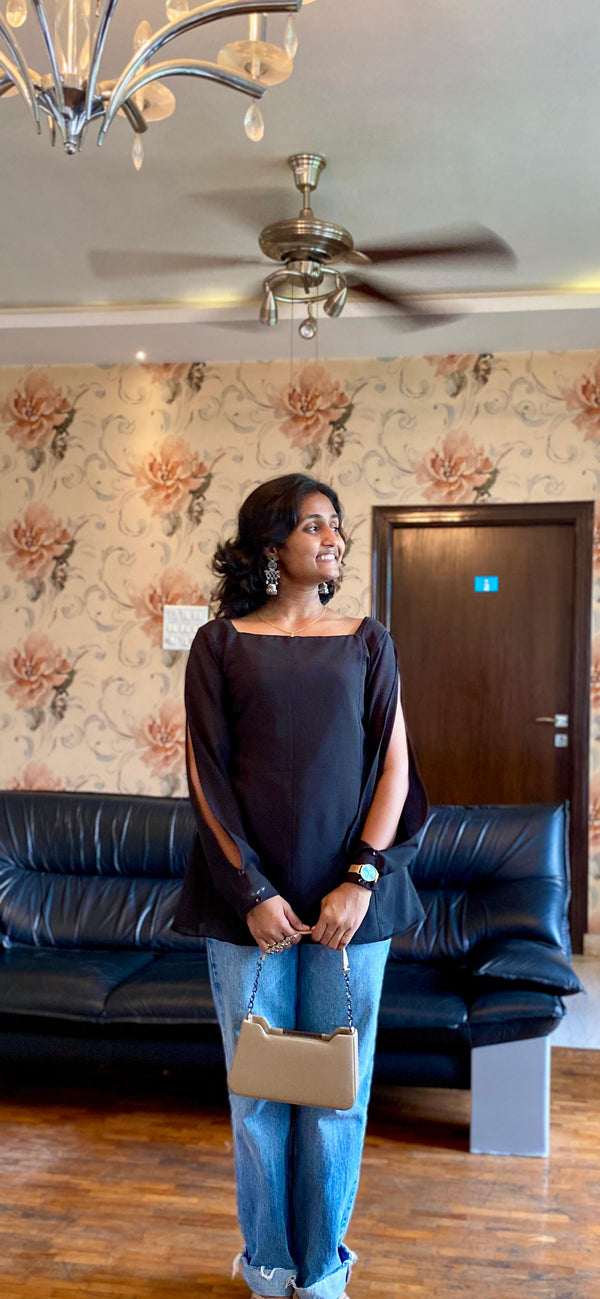 Black Georgette Slit-Sleeve Top.