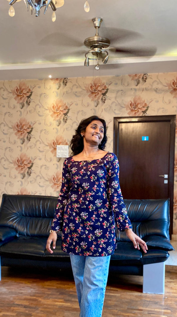 Navy Floral Crepe Square Neck Top.