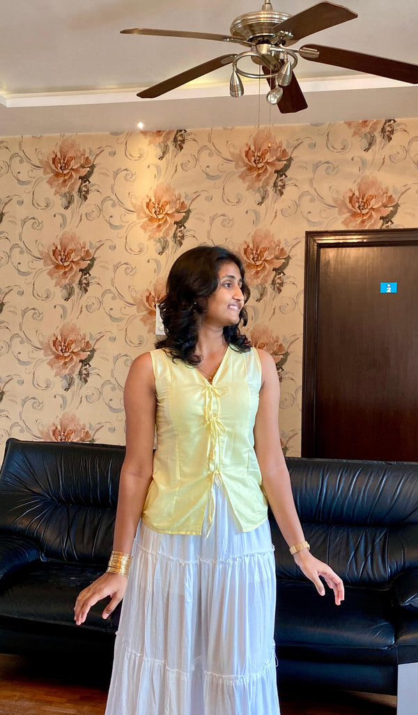 Butter Yellow Soft Linen Sleeveless Top with knot Detailed.