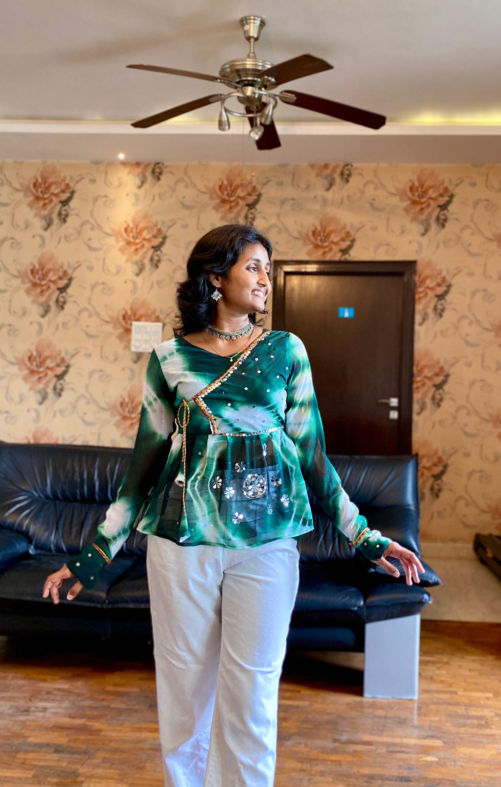 Navratri Special Green Marble Fabric  Top .