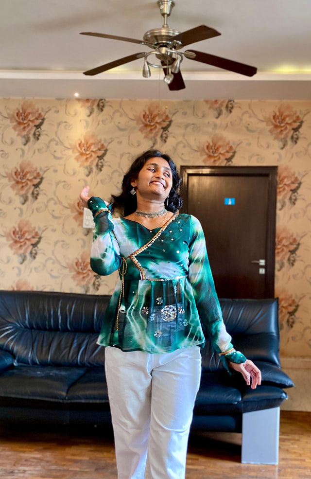 Navratri Special Green Marble Fabric  Top .