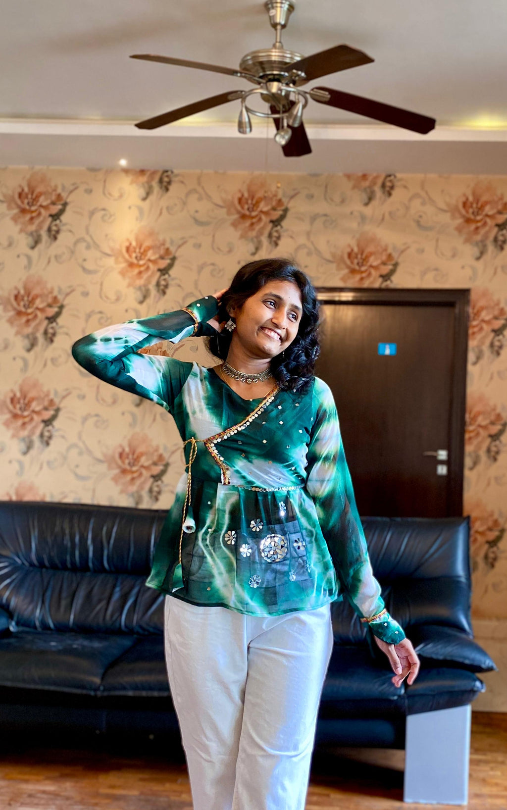 Navratri Special Green Marble Fabric  Top .