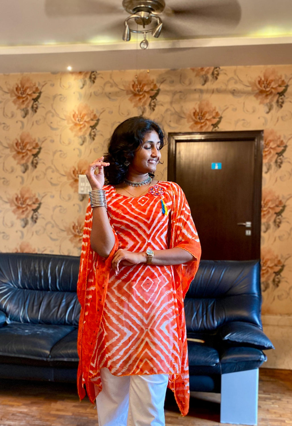 Orange Bandhani Georgette Kaftan Kurta.