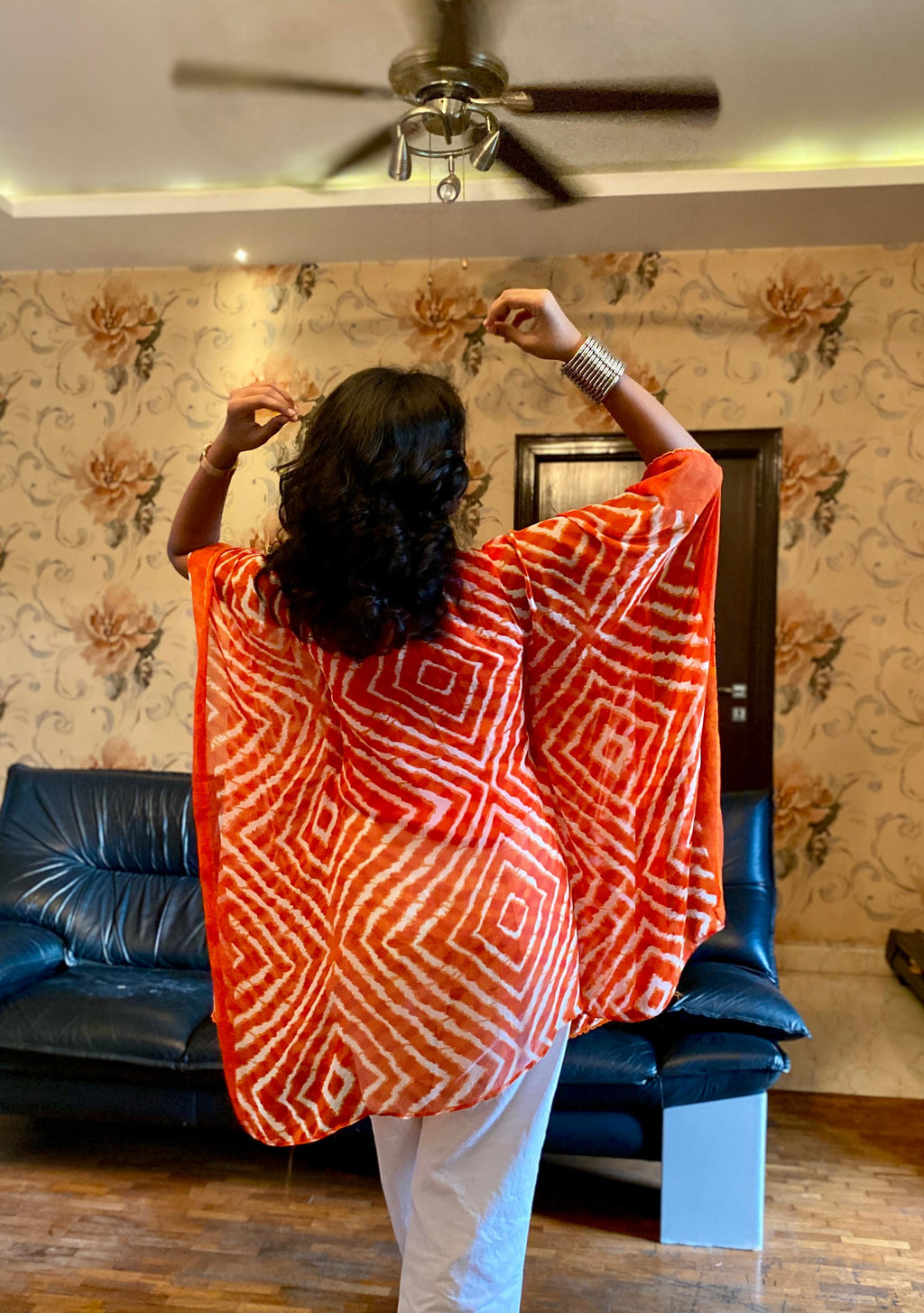Orange Bandhani Georgette Kaftan Kurta.
