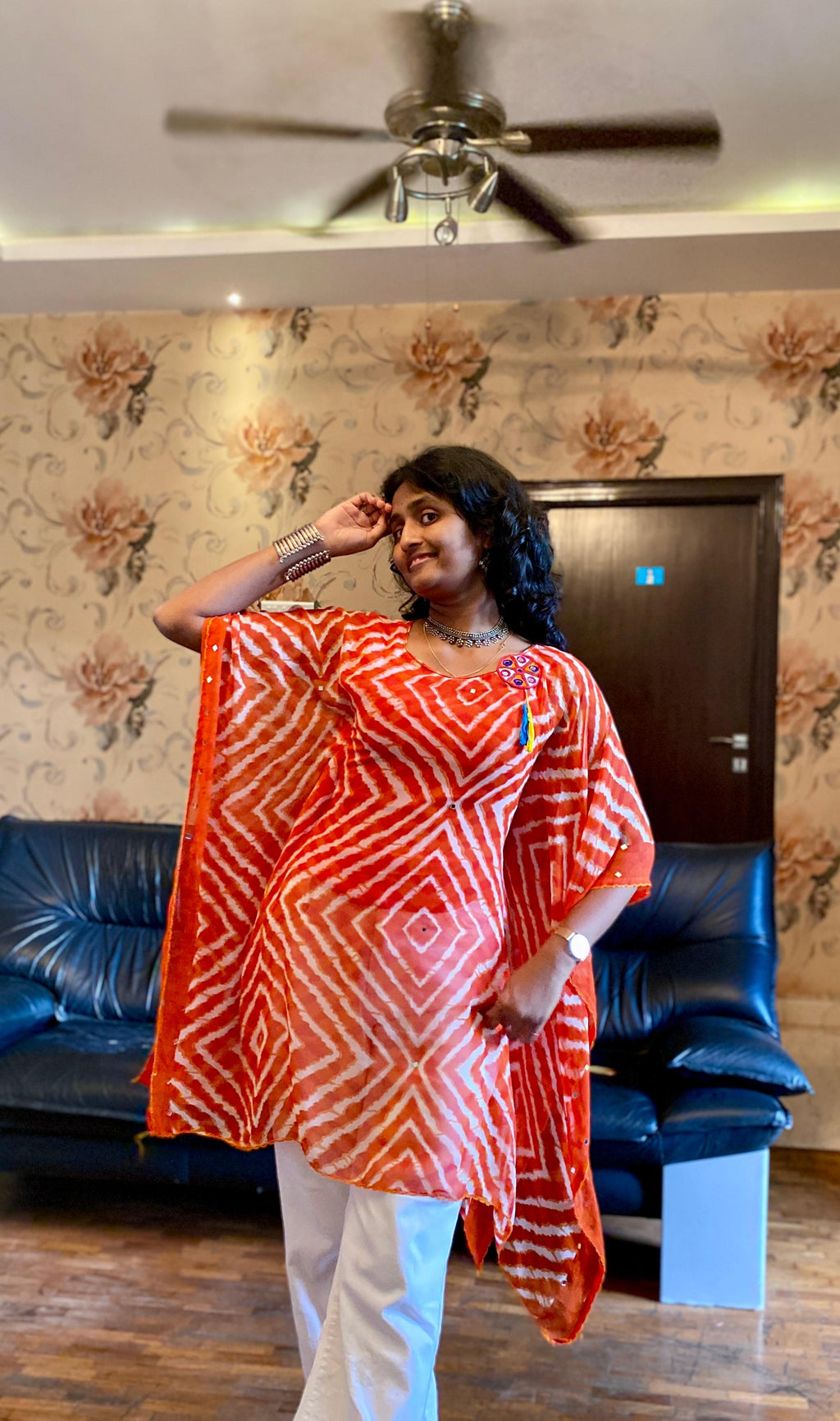 Orange Bandhani Georgette Kaftan Kurta.