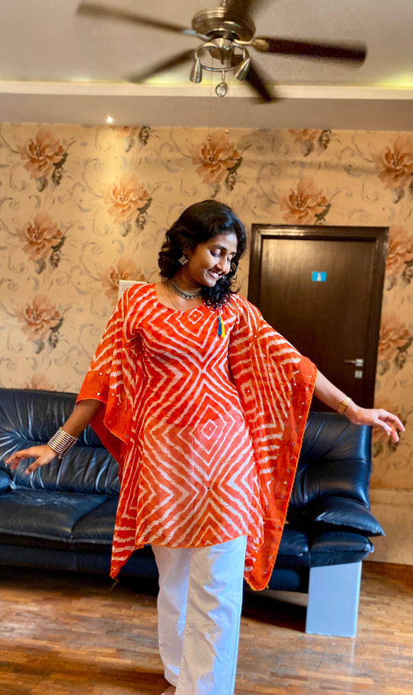 Orange Bandhani Georgette Kaftan Kurta.