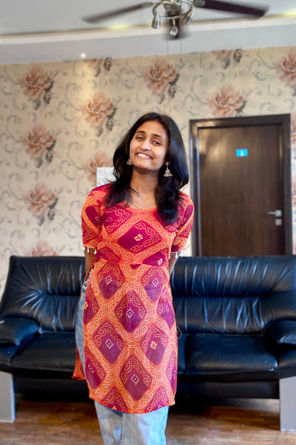 Amber Bloom Bandhani Print Georgette Kurti.