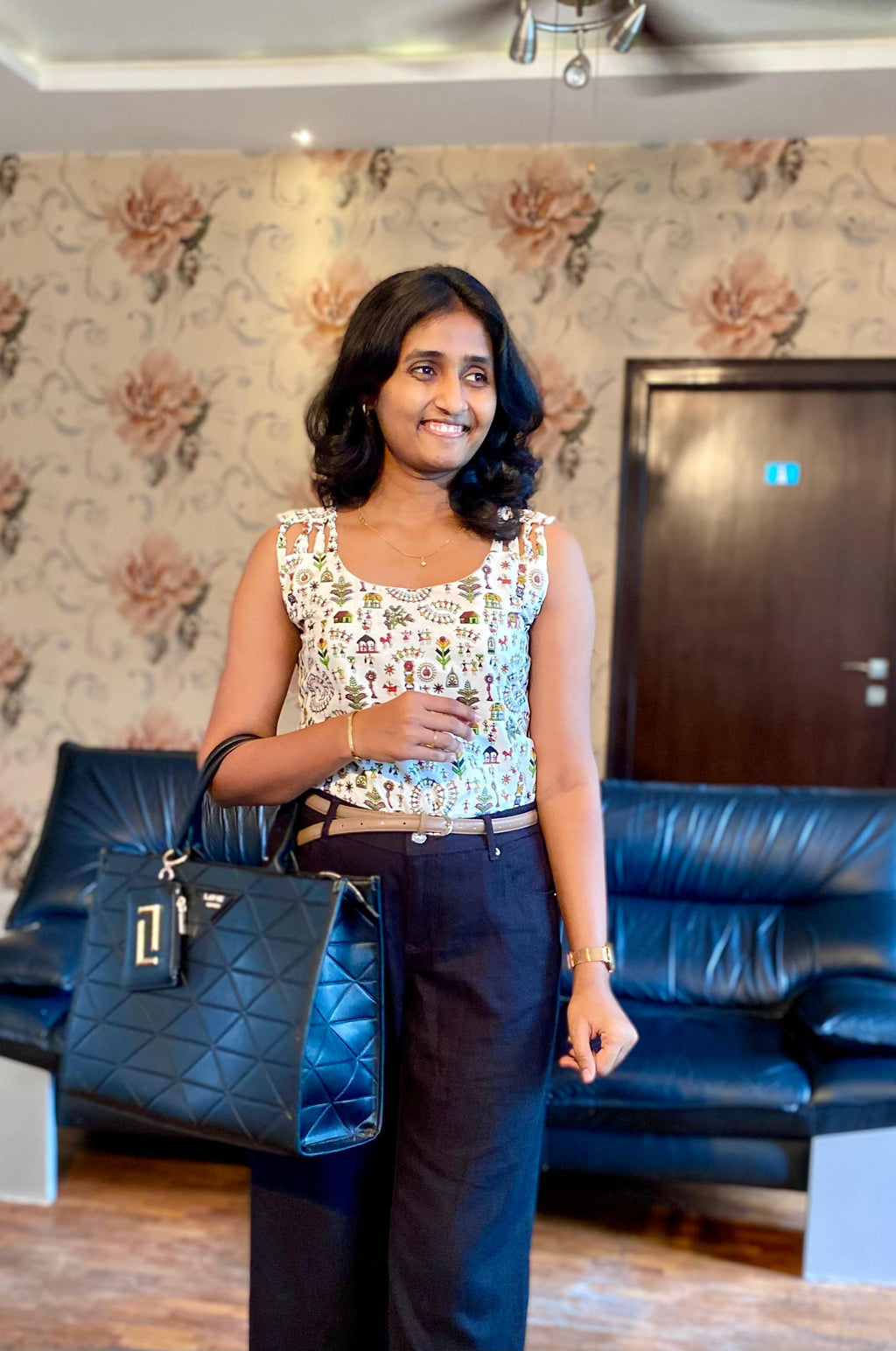 Handcrafted-Style Printed Cotton Sleeveless Top- Office wear